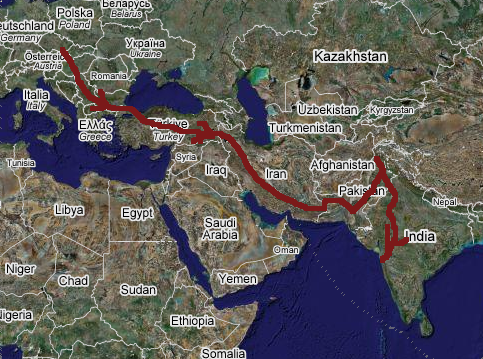 Planovana orientacni trasa cesty do Indie